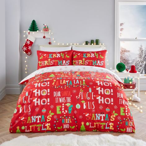 Housse de Couette Phrases de Noël 230 x 220 cm Réversible 2 Motifs 2 taies d'oreiller incluses Housse de Couette Flocons de Neige Parure de lit de Noël en Rouge et Blanc