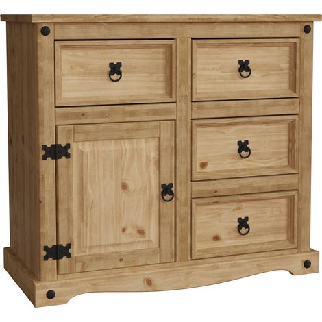 Home Discount – Buffet en pin massif 1 porte 3 tiroirs – Dimensions H 76 x L 86 x P 40 cm – Finition cirée vieillie – Style rustique avec clous en métal noir (1/5)