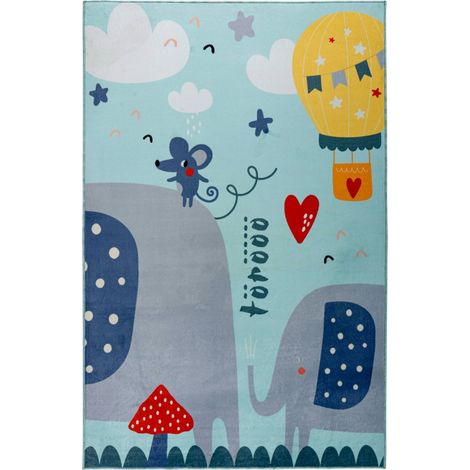 Tapis enfant bleu éléphant doux lavable antiallergie - 160 x 115 cm (1/5)