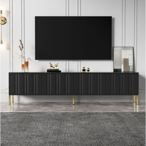 Meuble TV 190x38x48 cm noir en MDF et panneau de particules avec portes rainurées et pieds dorés (1/5)