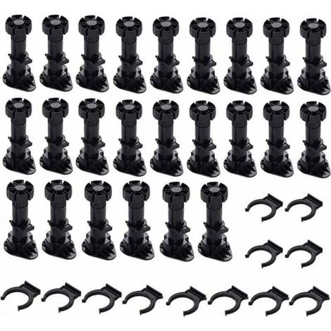 24 Pièces Pieds D'Armoire Plastique, Pied de Meuble, Pied Réglable pour Meuble, Noir Pieds de Meuble Plastique avec Clip Fixation Base pour Meubles de Cuisine, Armoire et Canapé (60mm-8mm) (1/5)