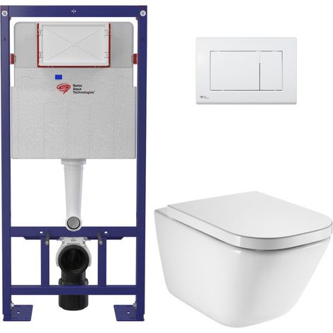 Pack WC bâti-support autoportant + WC suspendu sans bride avec abattant SoftClose + plaque blanche (STROGAWR01-U)