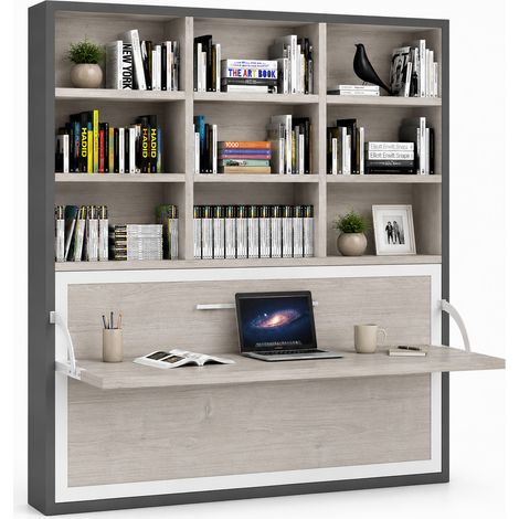 Le lit escamotable horizontal avec bureau et bibliothèque intégrés SPACIO - Ouverture automatique assistée Sans matelas Gris anthracite-90x190-Cadre Anthracite-Façade Chêne gris (1/5)
