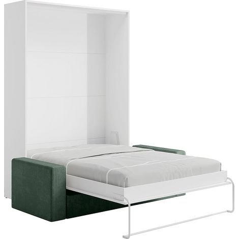 Letto a scomparsa 160 x 200 cm - Apertura verticale manuale - Bianco + Divano Verde - BEGANIO