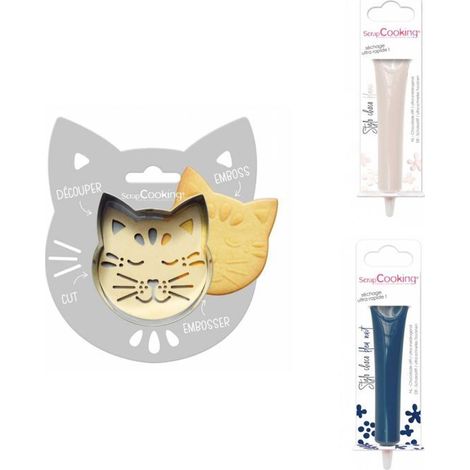 Kit pour biscuit en relief Chat + 2 Stylos au chocolat blanc et bleu nuit
