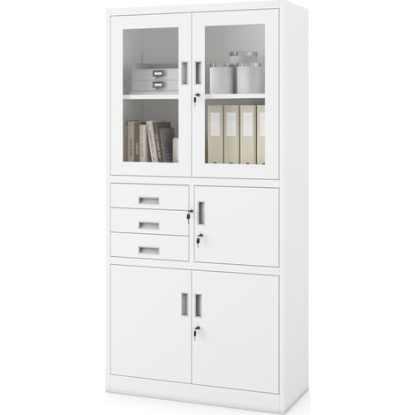 Armoire en métal avec vitrine et coffre-fort FILIP, 900 x 1850 x 400 mm, blanc