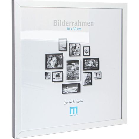 Cadre photo moderne et intemporel en bois MDF blanc pour petites photos et images de 30 x 30 cm avec protection en verre acrylique. Il peut être utilisé comme support de table ou à poser au mur