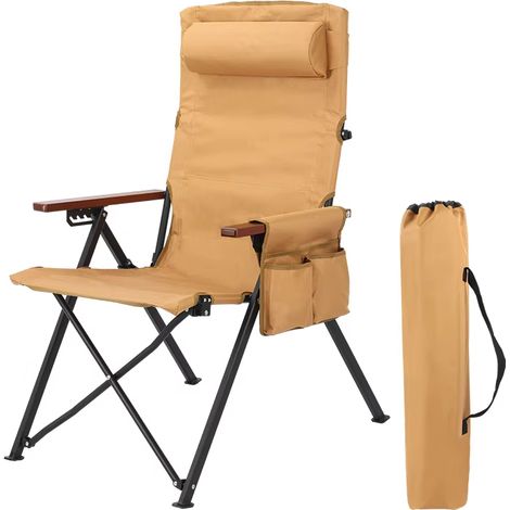 Chaise camping pliable 5 positions avec oreiller et poche latérale, chaise pêche robuste portable, idéale extérieur patio camping, confortable et résistante marron (1/5)