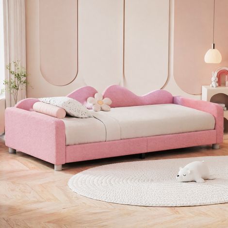 Cama infantil tapizada estilo sofá 90x200 cm, tejido teddy rosa, con cabecero, respaldo y reposabrazos, somier de láminas (1/5)