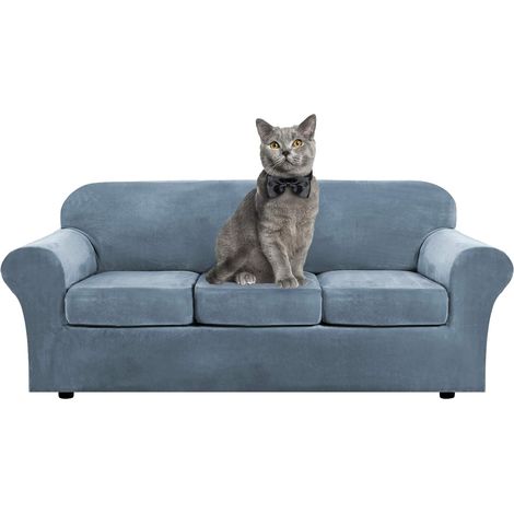 Soft and stretchy velvet sofa cover with separate cushion covers for 1, 2, 3 seater sofas with anti-slip strap for living room, bedroom (blue, grey, 3 seater) (1/5)