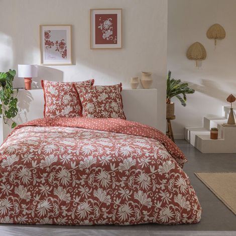 Parure de lit 2 personnes en coton 240x220cm – Imprimé floral terracotta – 1 housse de couette + 2 taies d'oreiller 63x63cm – (1/5)