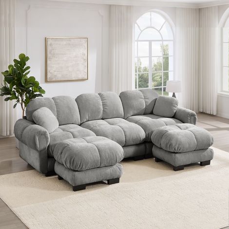 Canapé d'angle 3 places Cloud avec pouf détachable et 2 coussins déco, matelassage raffiné, siège garni ultra-doux, assemblage simple, parfait pour séjour, couleur gris clair (1/5)