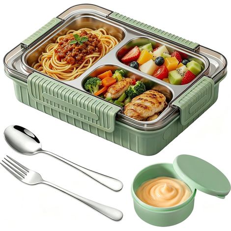 Boîte repas inox 1000ml avec 3 compartiments, lunch box étanche, bento lunch box adulte, boite lunch avec couvercle, lunchbox pratique pour bureau école voyage (Vert) (1/5)