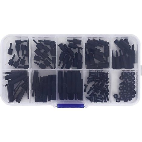 140-teilige Box M2 Nylon Rundkopf-Kreuzschrauben Sechskantmuttern Außengewinde Innengewinde Abstandshalter Sortimentsset (Schwarz)