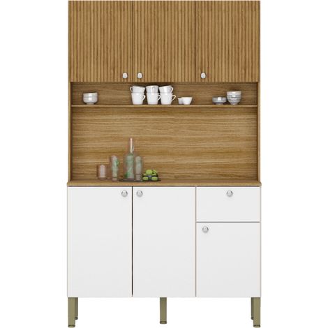 Beaux Meubles Pas Chers – Buffet de cuisine 6 portes 1 tiroir imitation bois exotique et blanc – 7 niches – Dimensions L 111 x H 185 x P 39.3 cm – Bois certifié FSC (1/4)