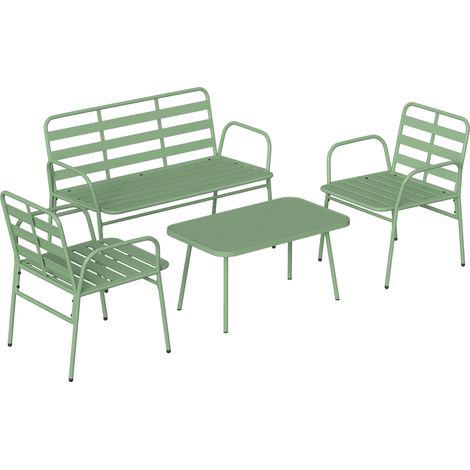 Set 4 Pezzi Salotto da Giardino con Divano 2 Sedie e Tavolino in Metallo con Doghe Verde (1/5)