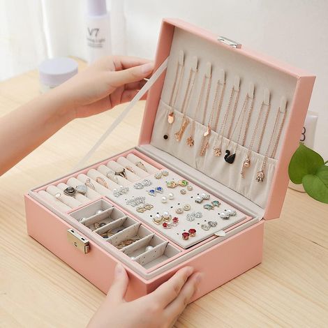 Coffret à Bijoux Rose pour Femme, Nécessaire de Voyage en Cuir Verrouillable, Organiseur de Bijoux 2 Niveaux, Petite Boîte de Rangement Portable (1/5)