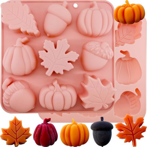 Lot de 2 moules silicone automne à formes citrouille, feuille d’érable, gland, moules flexibles réutilisables pour chocolat Halloween/Thanksgiving, bonbons, décor cupcake, résine et bricolages DIY