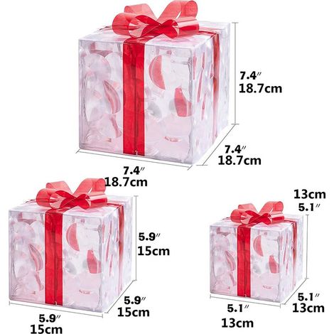 Set aus 3 transparenten, beleuchteten Weihnachtsgeschenkboxen mit roten Schleifen, perfekt für den Weihnachtsbaum. Ideale Dekoration für die Festtage. (1/5)
