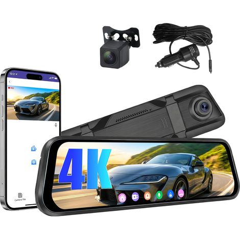 Caméra de Tableau de Bord Miroir 9,66 Pouces avec Caméra de Recul 4K Avant + 1080p Arrière Grand Angle 150°, Vision Nocturne Contrôle WiFi et Application BSD, LCA, Mode Stationnement (1/5)