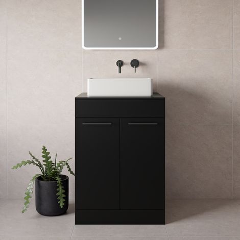 Napoli 460 Matt Black 600mm 2 Door Vanity Unit for Countertop Basins - 600mm - Gunmetal Grey 160mm Handle