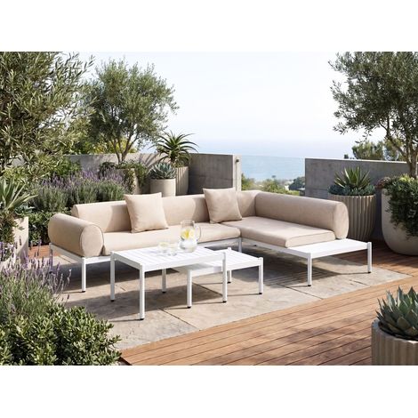 Sofá esquinero de exterior moderno de 4 piezas con mesa de centro y mesa auxiliar cojines beige Rasiglia (1/5)