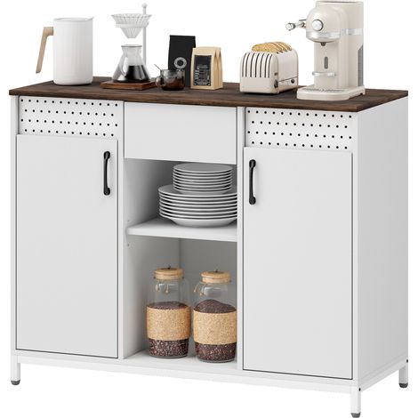 Meuble buffet de salon 2 portes ajourées avec tiroir, compartiments ouverts, étagères réglables, 100 x 40 x 80 cm, blanc (1/5)