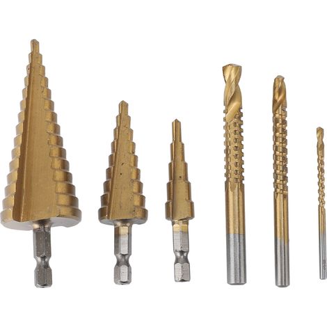 Jeu de 6 forets étagés à queue hexagonale pour bois, aluminium, cuivre et alliages - Mèches coniques professionnelles (1/5)
