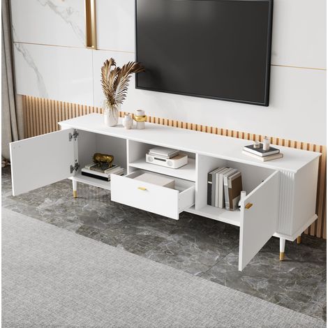 Mobile TV in MDF bianco 170 x 36 x 54 cm con 2 ante, 1 cassetto, vano aperto, passacavi e chiusura soft-close (1/5)