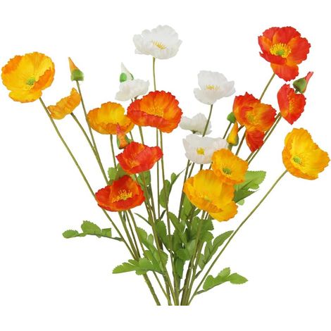 Lot de 6 coquelicots artificiels en soie - Décoration de coquelicots en soie pour vase, maison, décoration de table, bureau, mariage, centre de table - Orange jaune blanc (1/5)