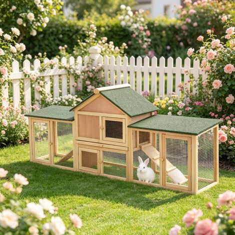 Conejera exterior con corral y rampa, 210 x 45,5 x 84,5 cm, verde/natural OKMYHOME (1/5)