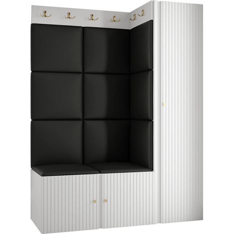 Meuble d'entrée Hartford 385, Blanc, 186x124x46cm, MDF, Stratifié, Faux cuir, Murale, À poser