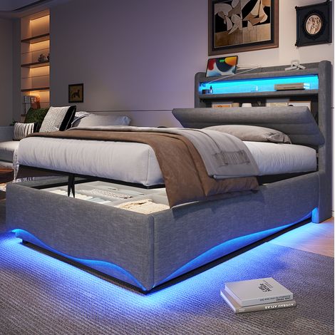 Letto con contenitore in lino grigio 90x200 cm con LED, USB e porta Type-C, rete inclusa (1/5)