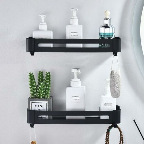 Etagere Douche Noir Etagere Salle de Bain sans Percage Panier Murale de Douche en Aluminium Tablette de Rangement Salle de Bain Serviteurs de Douche Adhésive, Durable, Non Rouillée, (2 Niveaux) (1/4)