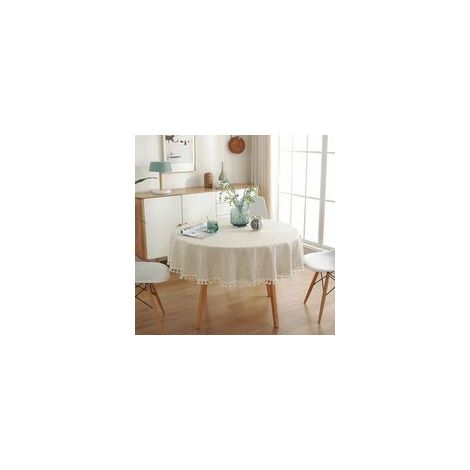 Nappe ronde 120 cm en lin et coton Anti-tache lavable Glands décoratifs Pour salle à manger, mariage, anniversaire, table basse (1/5)