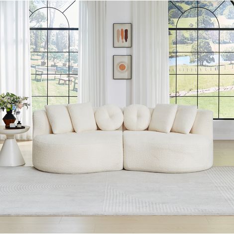 Canapé modulaire 2 pièces en chenille beige crème, forme courbe demi-lune, 6 coussins (1/5)