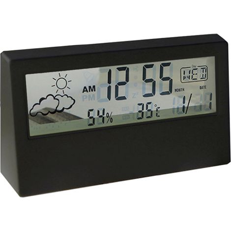 Horloge de bureau digitale avec alarme, date, température et humidité, modèle blanc lumineux transparent en plastique, dimensions 130x70x30mm