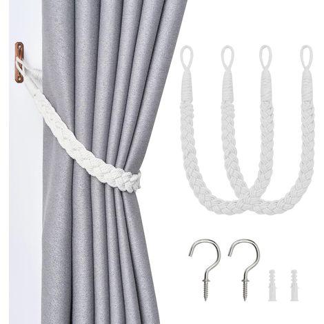 Lot de 2 Embrasses Rideau Corde Coton Naturel Tissé Main Crochet Métal Décoratif Maison Bureau (1/5)