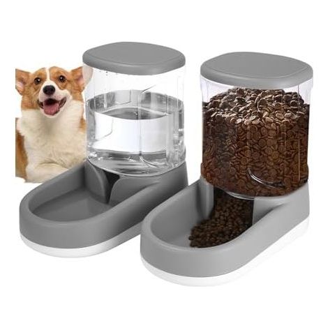 Distributeur Croquettes Chat Automatique, Distributeur Eau Chien, 2 Unités, 3.8 L, Distributeur Automatique de Nourriture et d'eau pour Chat et Chien, pour Petits et Grands Chiens, Chats (Gris) (1/5)