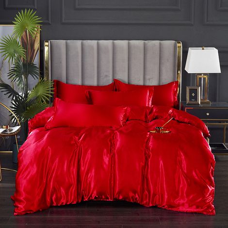 Linge de lit Minglan uni en imitation soie, ensemble quatre pièces comprenant housse de couette, taie d'oreiller et draps en satin de haute qualité (1/5)