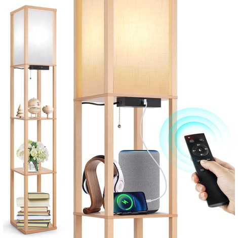 Lampadaire avec Étagères, LED Dimmable, Télécommande, Bois 1 port USB, 1 port Type-C, 4 températures de couleur, minuterie, salon, chambre, bureau (1/5)