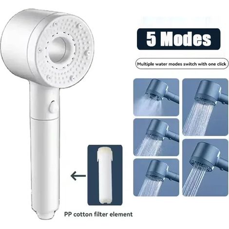 Pommeau de douche massant spa Booster (Blanc) 5 modes réglables, haute pression, économie d'eau, filtre portable, accessoires de salle de bain (1/5)
