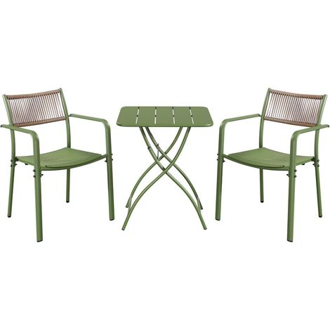 3 Piece Bistro Garden Set with 2 Rope Back Armchairs and Square Folding Table - Plastic/Metal - L56 X W54 X H80 cm - Terracotta - Flat Packed