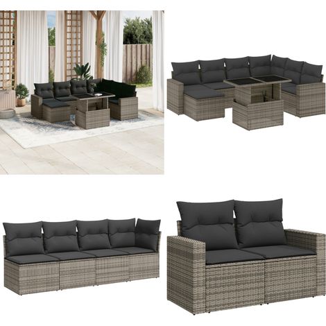 Salon de jardin 8 pcs avec coussins gris résine tressée - Ensemble Salon De Jardin - Meuble Extérieur - Résine Tressée - Rotin Synthétique - Table Extensible - Home & Living (1/5)