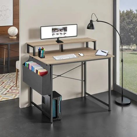 Bureau industriel 120 cm avec étagère et poche latérale – Bois Clair & métal (1/5)