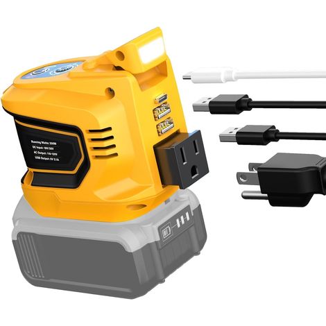 DeWALT 20V Battery-Compatible 200W Portable Power Inverter, DC 20V to AC 110V Power Station with 1 AC Outlet, 2 USB Ports, 1 Type-C Port, and LED Light (Battery Not Included), Yellow (1/5)