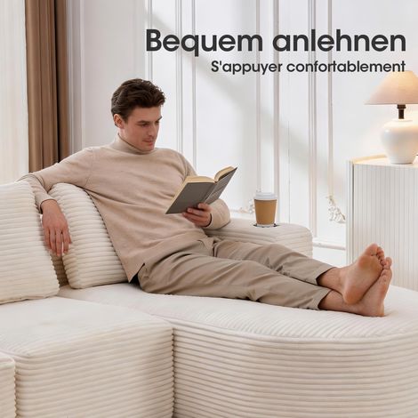 Canapé compressé 265cm largeur avec trois coussins et deux porte-gobelets. Confortable spacieux pour petits salons,appartements et espaces de bureau.