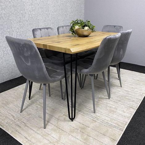 Wooden Dining Table and 6 Grey Velvet Chairs - Stylish Dining Room Furniture (1/5)