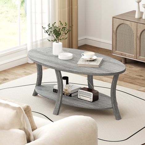 Table Basse Ovale à 2 Niveaux avec Étagère de Rangement Table Basse en Bois d'Hévéa Table de Salon Rustique Gris (1/3)