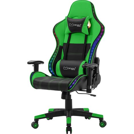 ML-Design Gaming Stuhl mit RGB LED-Beleuchtung & Bluetooth-Lautsprechern, Grün, Kunstleder, Ergonomischer Bürostuhl, Hohe Rückenlehne, Kopfstütze, Lendenkissen, drehbar-verstellbar, Racing Gamer Stuhl